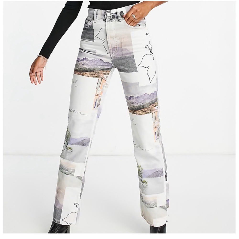 Topshop straight Kort jeans in post card‎ print NWT Size 4 Cotton Blend Boho